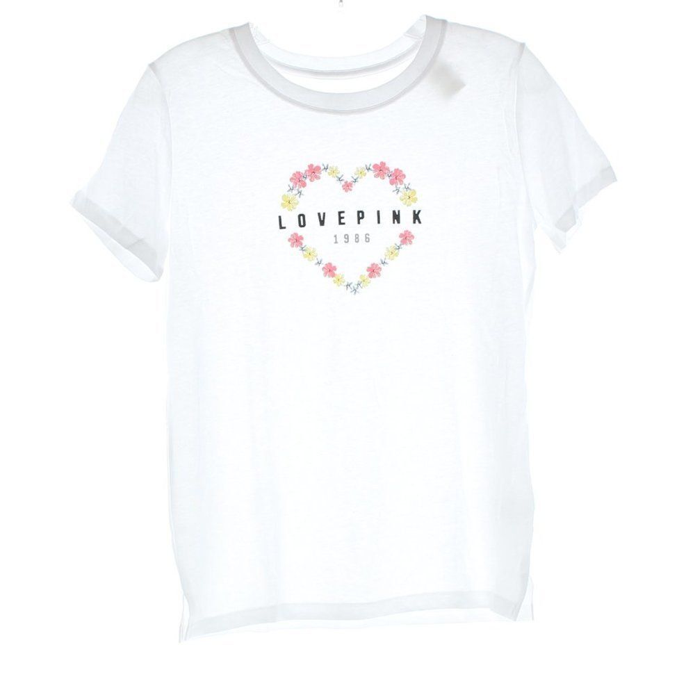 Victoria's Secret PINK White Floral Heart Graphic Tee Short Sleeve Small NWT